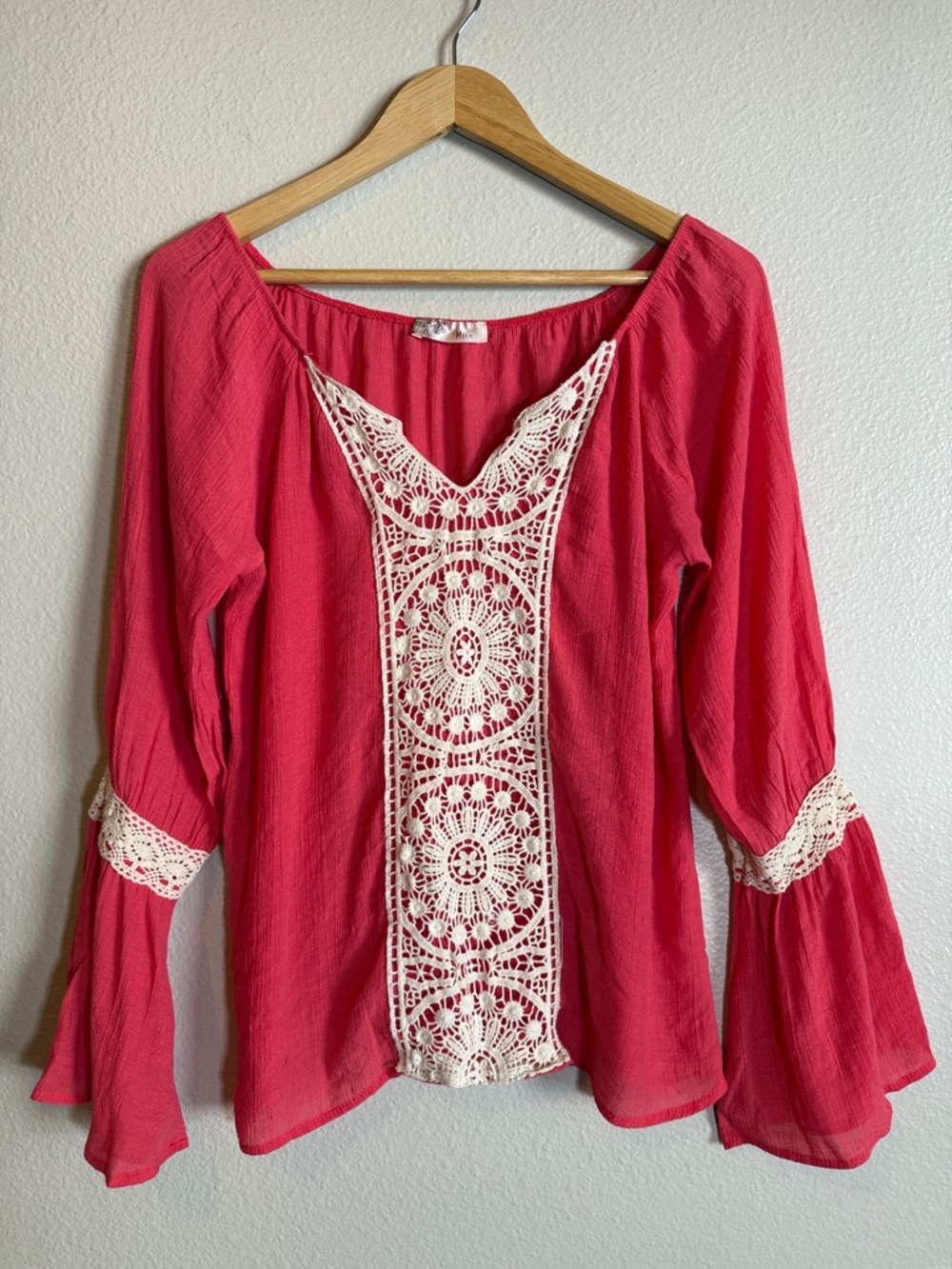 Boho Crochet Lace Bell Sleeve Peasant Top Festival Cottagecore Large Miin
